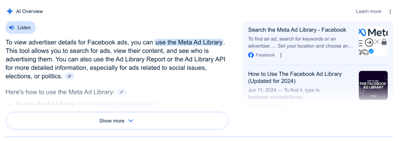 AI Overview example showing AI-generated summary with advertising context - main view