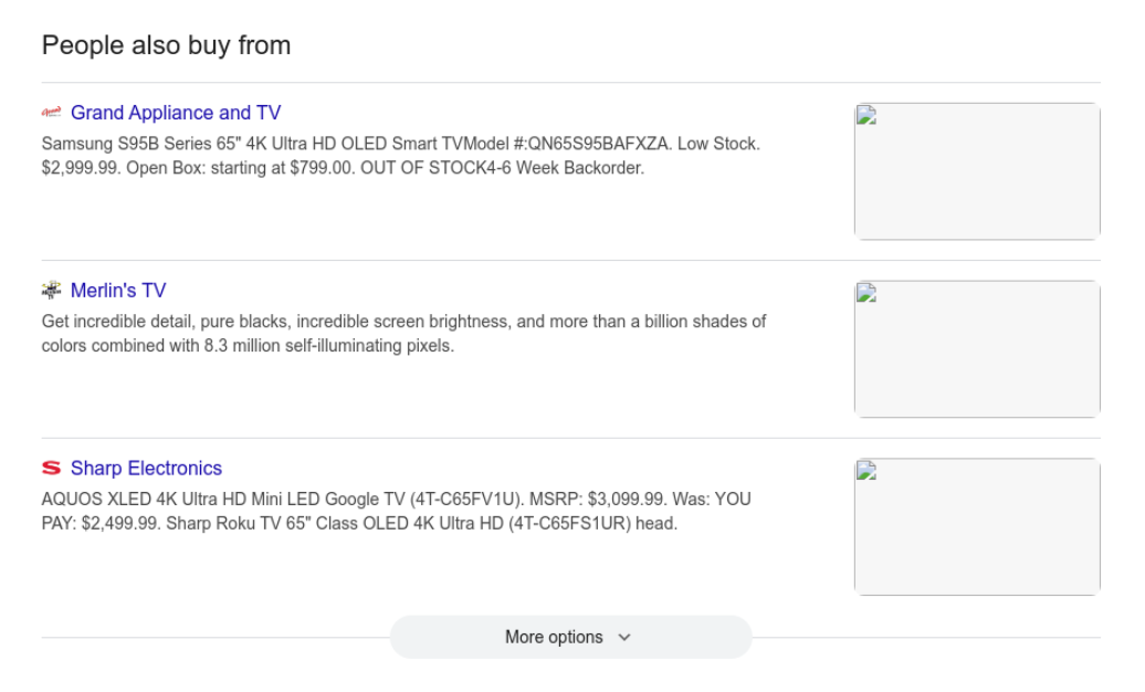 People Also Buy From example showing alternative merchants for 4K TV OLED purchases - main view