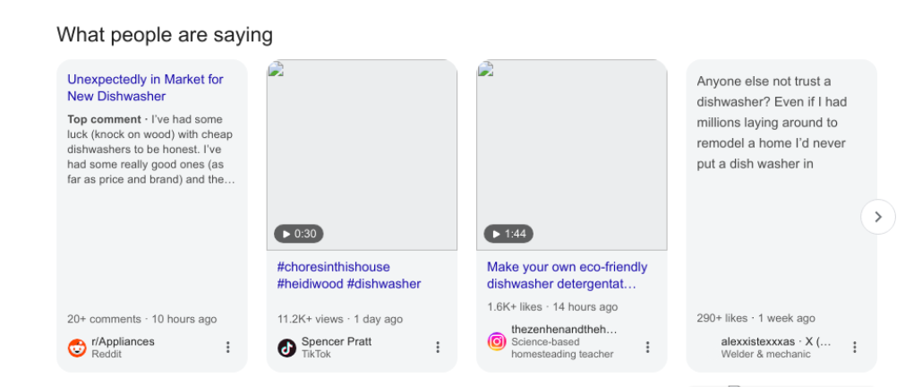 Perspectives example showing user discussions and opinions from Reddit, YouTube, Quora about dishwasher recommendations - main view