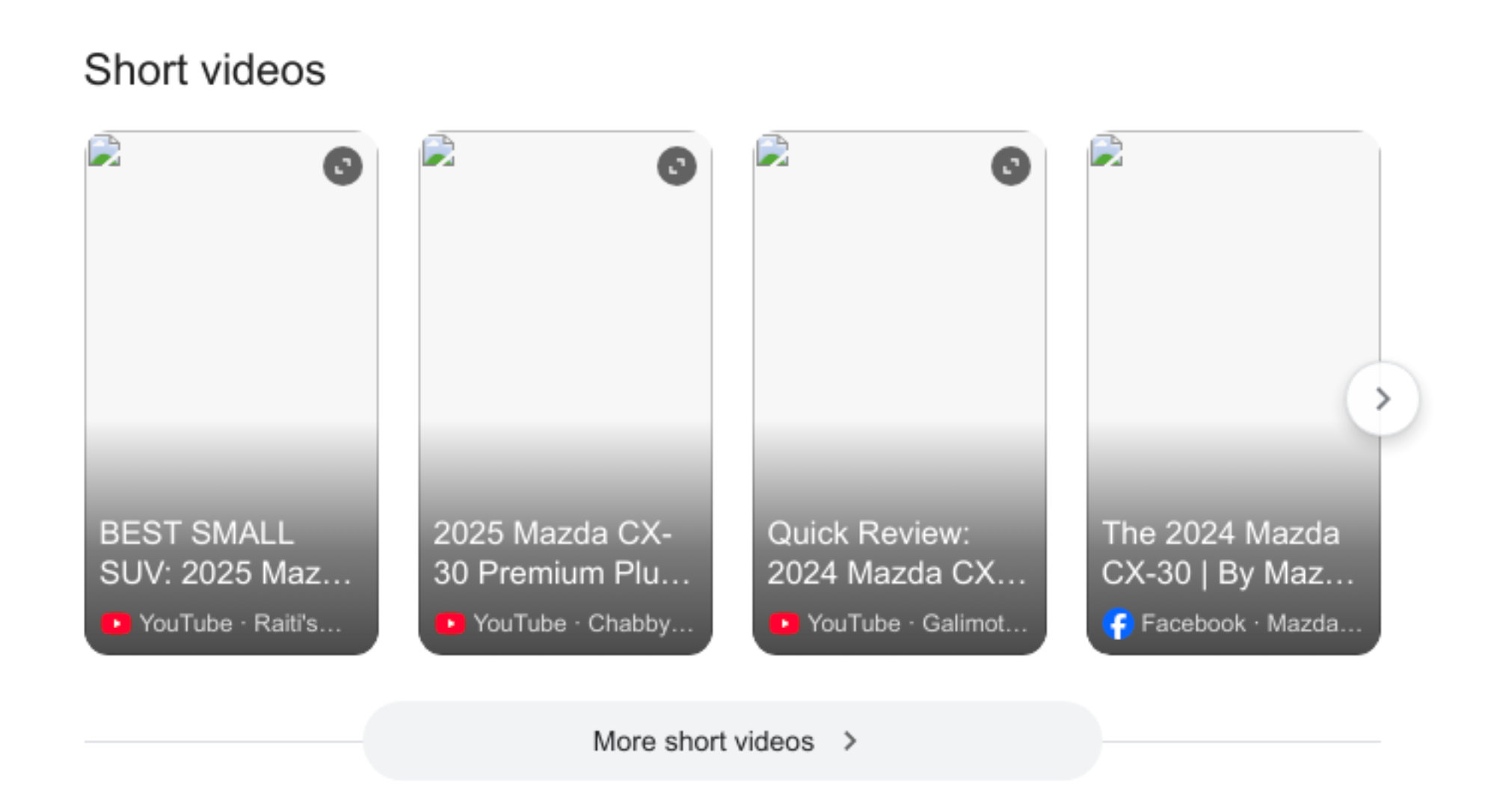Short Videos example showing TikTok, YouTube Shorts, and Instagram Reels for automotive content - main view