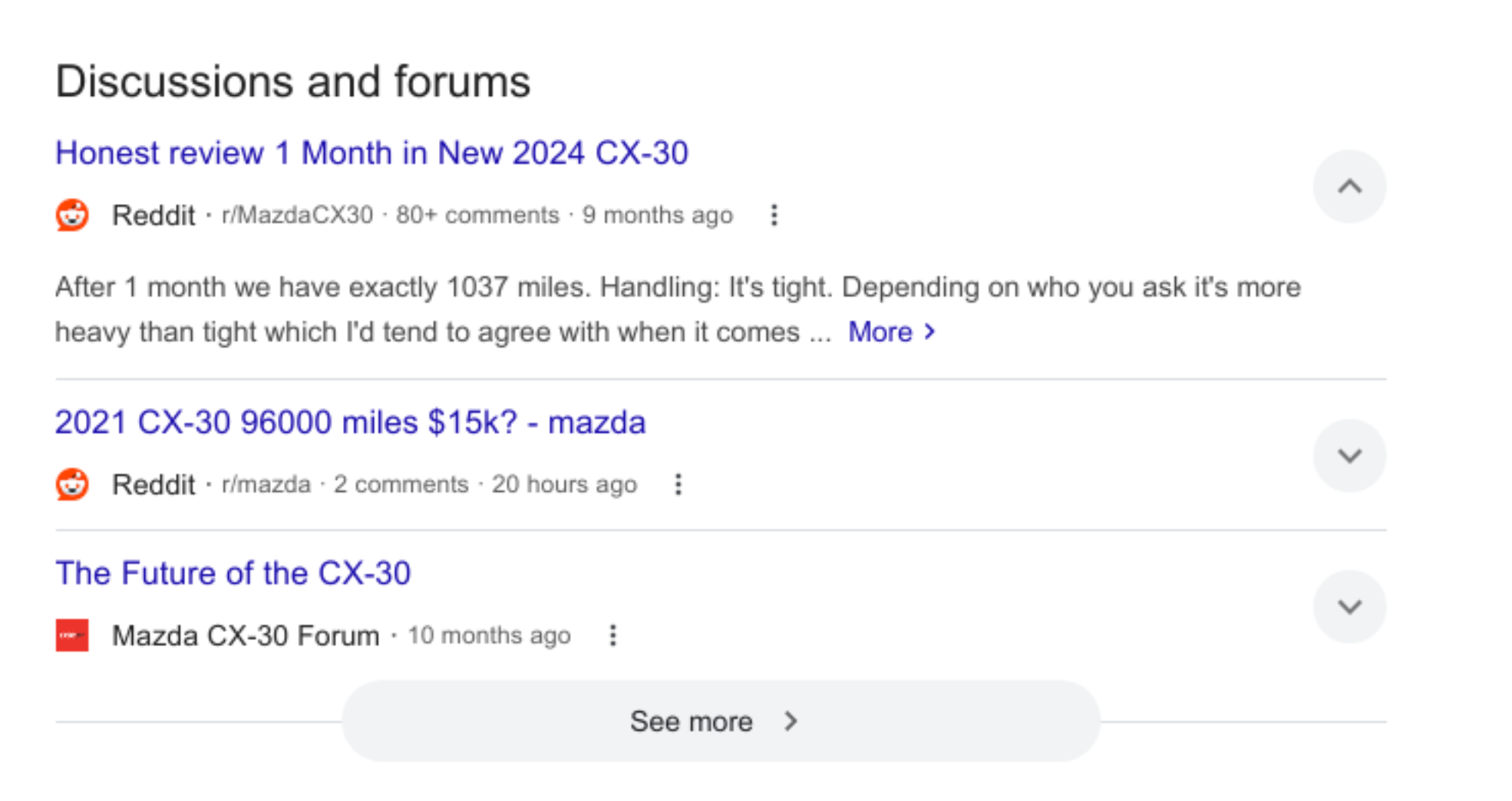 Discussions and Forums example showing Reddit discussions for dishwasher recommendations - main view