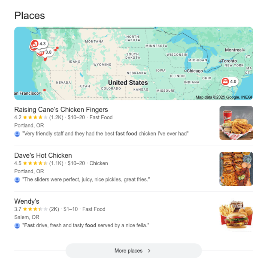 Local Pack example showing local restaurants with map, addresses and reviews - main view