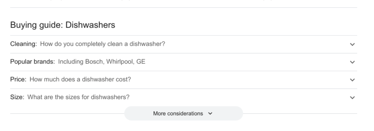 Buying Guides example showing product selection guides and comparison features for dishwashers - main view