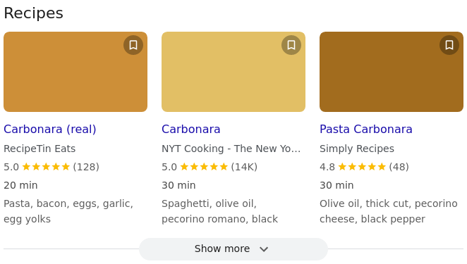 Recipe Results example showing recipe cards with ingredients, time and ratings - main view