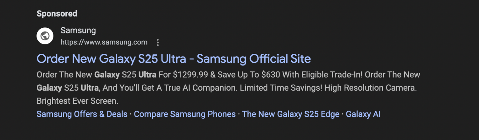 Ads example showing Google Ads for Samsung Galaxy S25 Ultra with pricing and merchant information - main view
